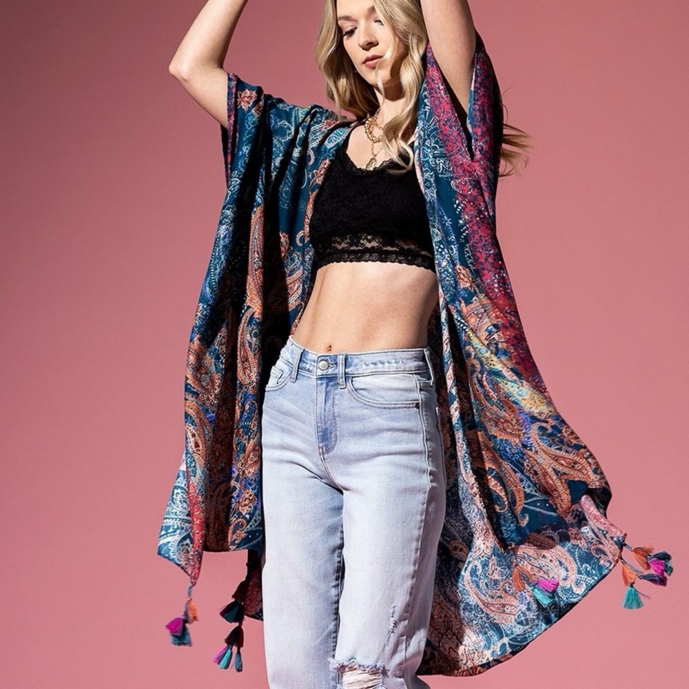 NWT‎ Bohemian Kimono Teal Exotic tassels paisley viscose flowy multicolor OS